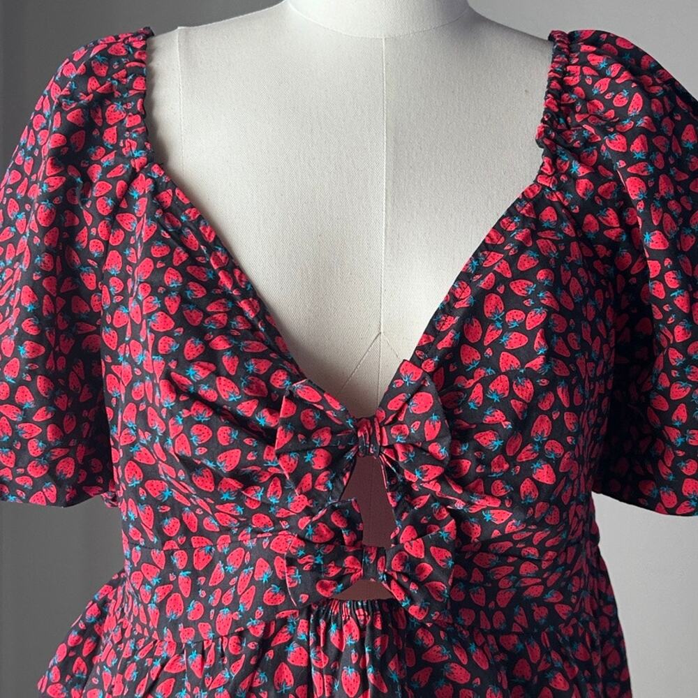 Strawberry Print Bow Front Puff Sleeve Peplum Crop Top Romantic Cottagecore XL - Picture 3 of 10